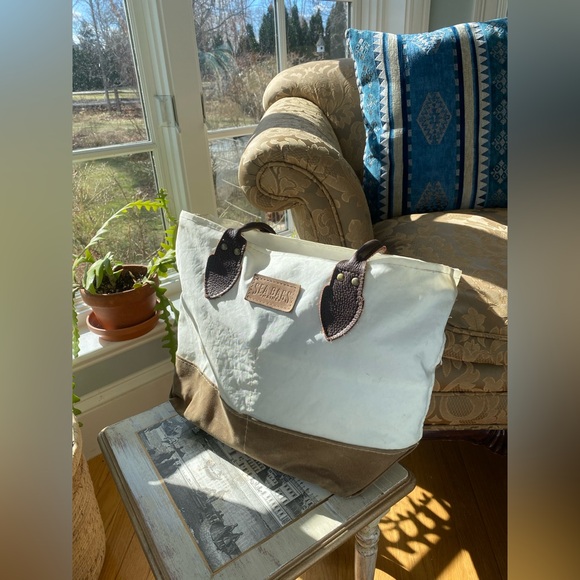 Sea Bags Chebeague Tote Recycled Sailcloth Leather Tan Waxed Canvas Made in USA - Picture 7 of 11